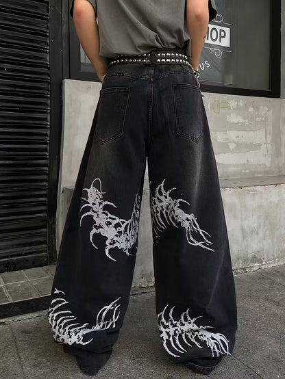 Black Wide-Leg Jeans | Silver Embroidered Centipede Design | Gothic Streetwear