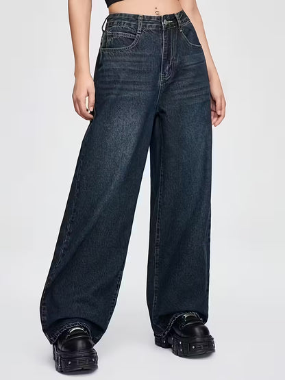 Dark Wash Wide-Leg Jeans | Gold Embroidered Skull & Wings Design | Vintage Y2K Style