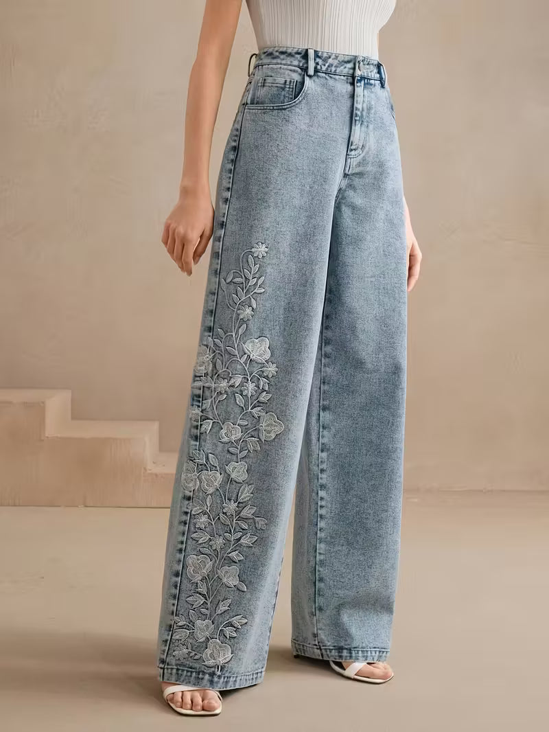 High-Waisted Straight Leg Jeans | Light Blue Denim with Floral Embroidery | Vintage Y2K Style