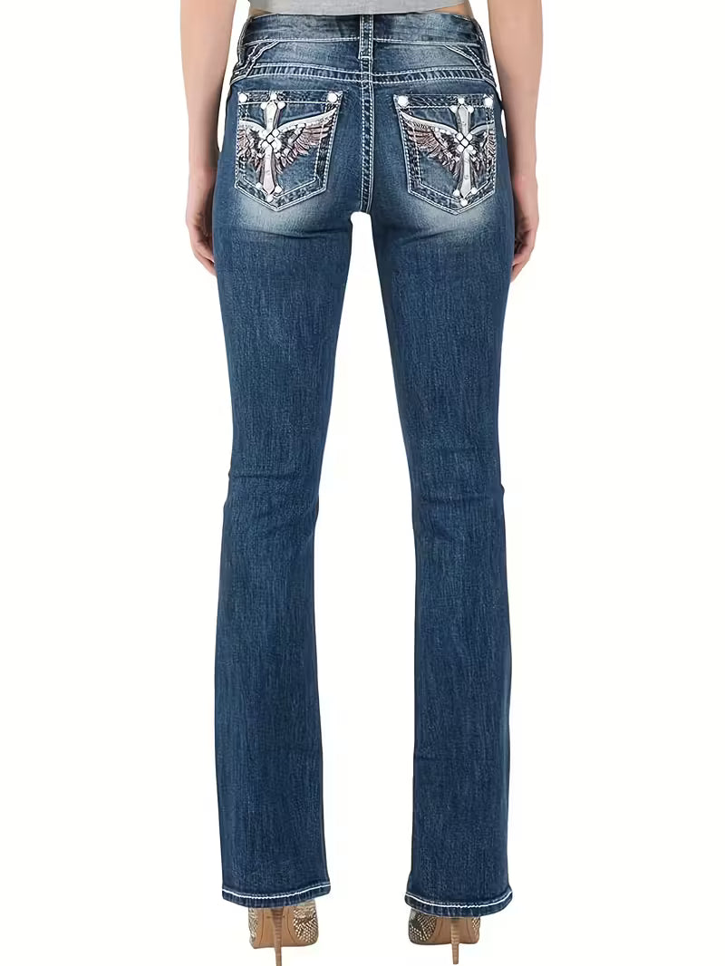 Bootcut Denim Jeans | Cross & Wing Embroidery on Back Pockets | Y2K Western Style