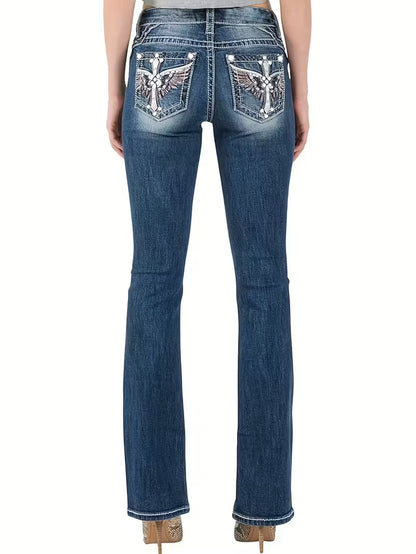 Bootcut Denim Jeans | Cross & Wing Embroidery on Back Pockets | Y2K Western Style