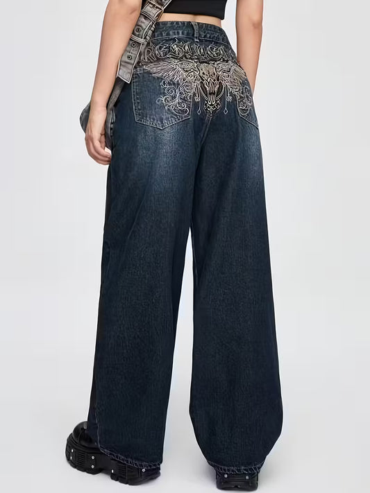 Dark Wash Wide-Leg Jeans | Gold Embroidered Skull & Wings Design | Vintage Y2K Style