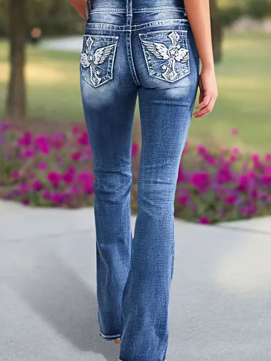 Blue Flare Jeans | Cross & Angel Wing Embroidered Back Pockets | Y2K Vintage Denim