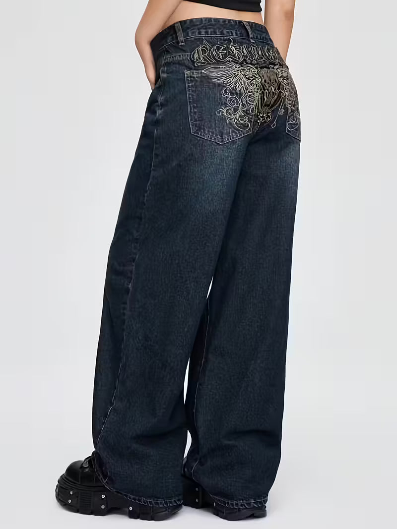 Dark Wash Wide-Leg Jeans | Gold Embroidered Skull & Wings Design | Vintage Y2K Style
