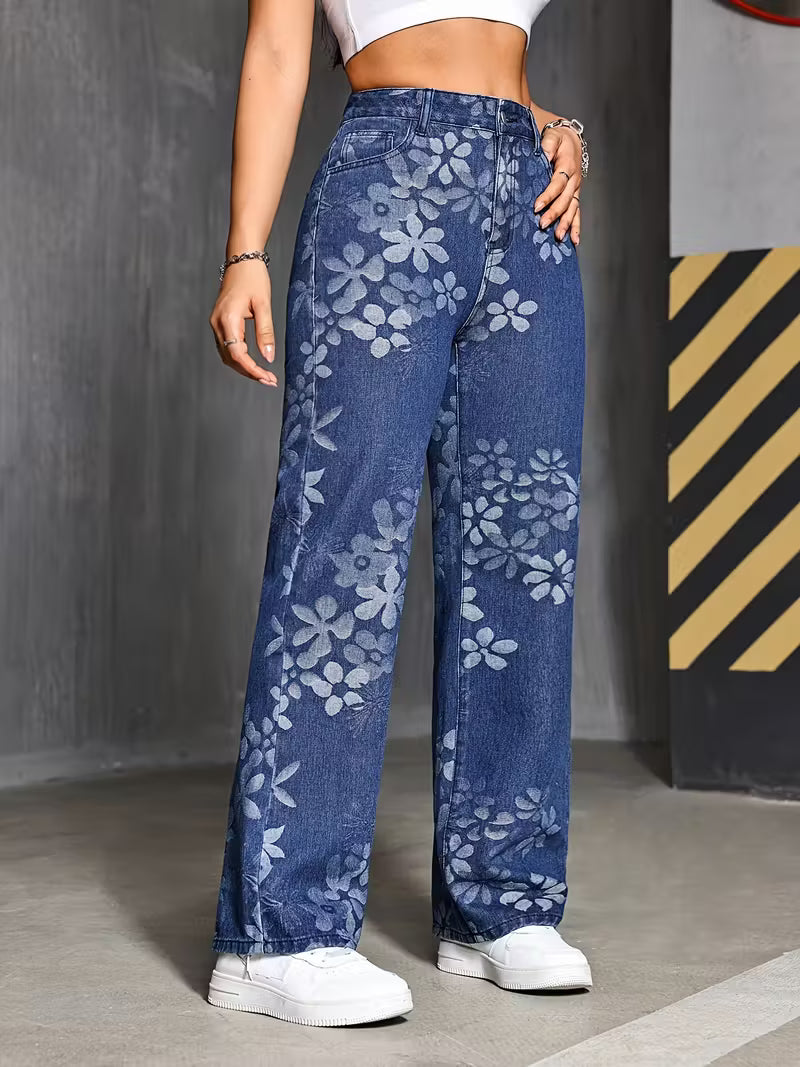 Straight Leg Jeans | Dark Wash Denim | All-Over Floral Print | Y2K 90s Aesthetic