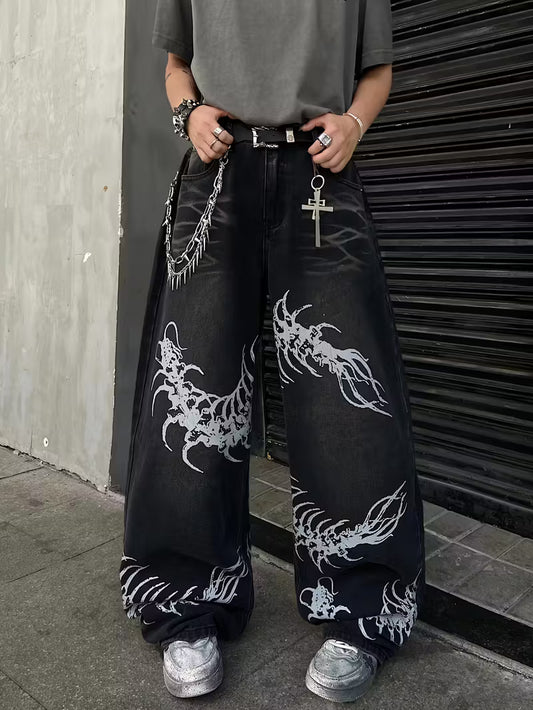 Black Wide-Leg Jeans | Silver Embroidered Centipede Design | Gothic Streetwear