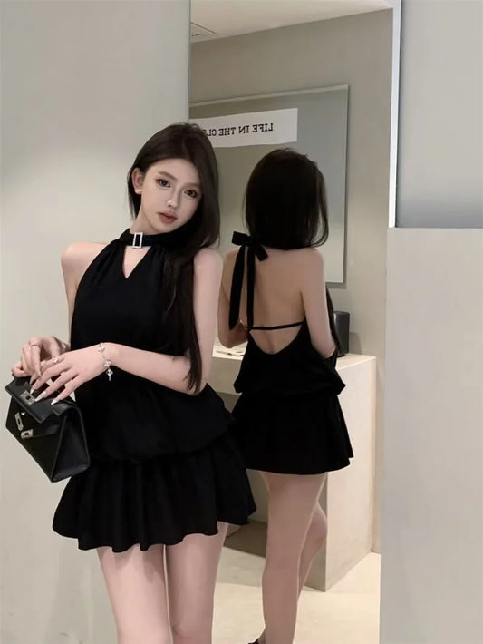 V Neck Mini Dress | Sleeveless Layered Chiffon Dress with Open Back