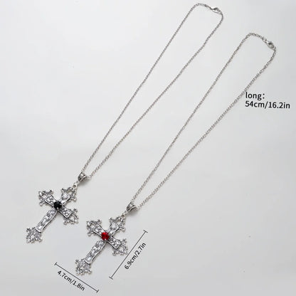 Gothic Cross Pendant Necklace | Vintage Silver Cross with Black or Red Gemstone