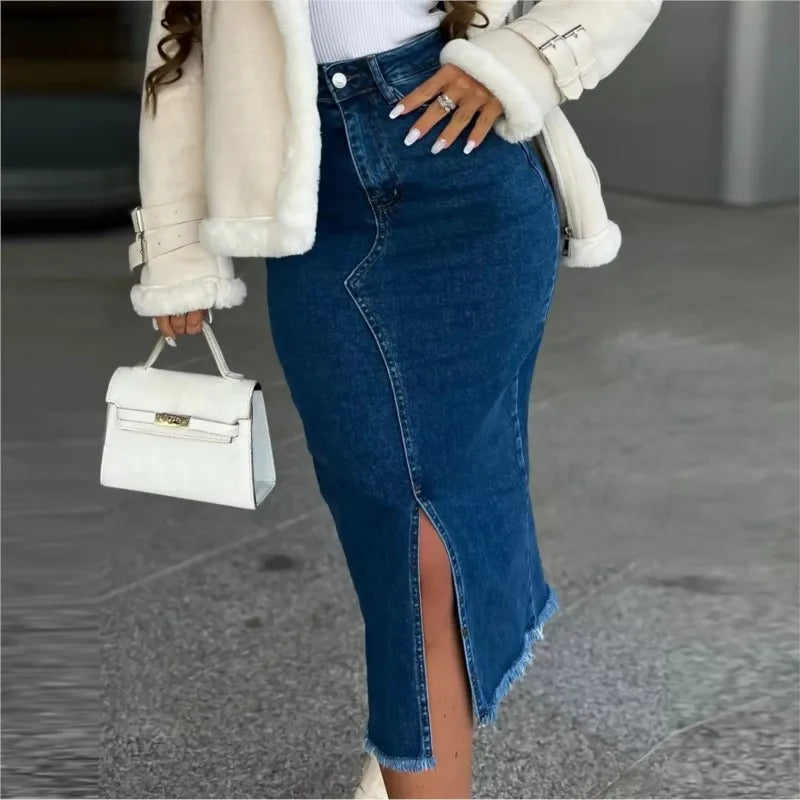 Y2K High Waist Denim Midi Skirt | Vintage Split Hem Jean Skirt