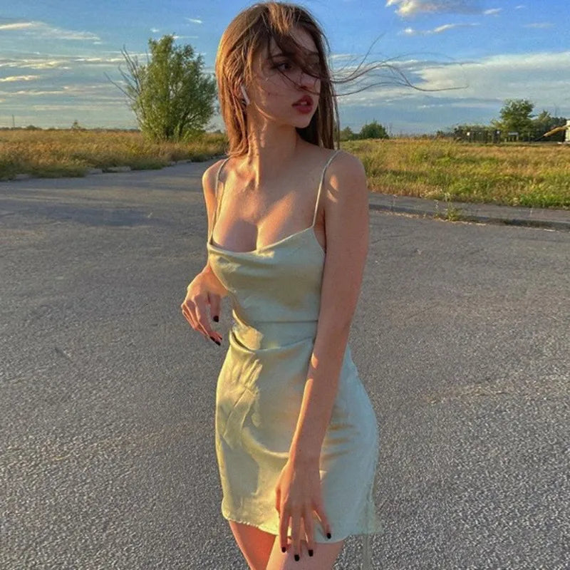 Mint Green Satin Slip Dress | Y2K Spaghetti Strap Mini Dress Summer Streetwear