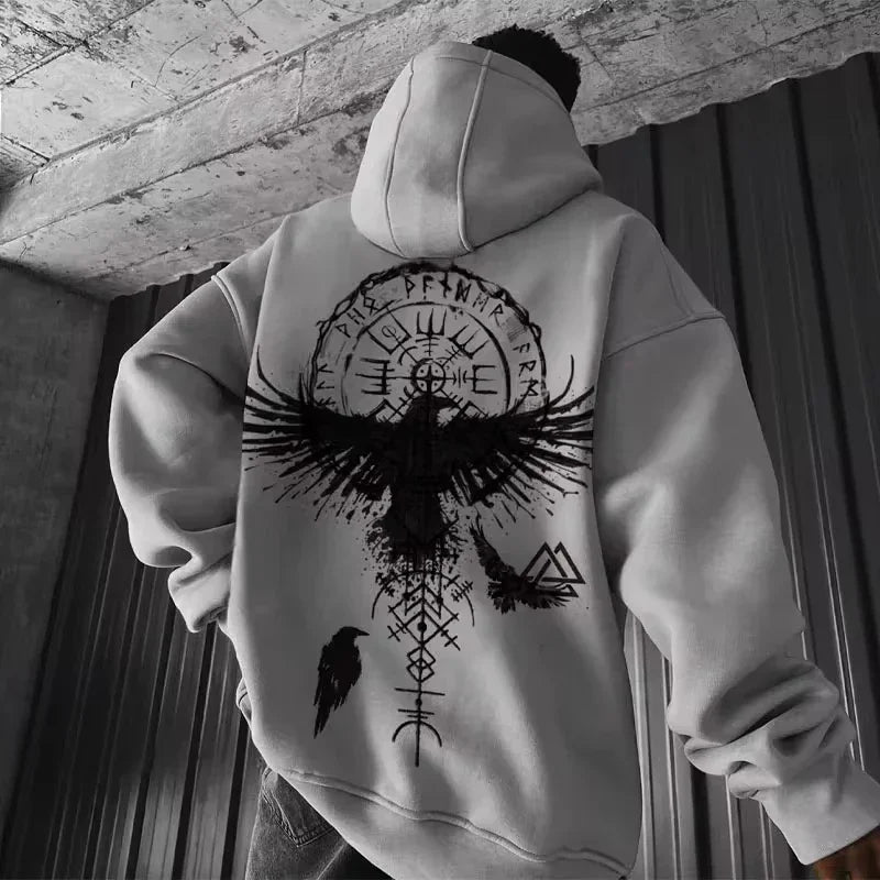 Viking Eagle Hoodie | White Oversized Hoodie with Norse Symbol and Graphic Print