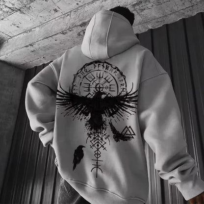 Viking Eagle Hoodie | White Oversized Hoodie with Norse Symbol and Graphic Print