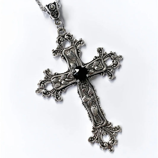 Gothic Cross Pendant Necklace | Vintage Silver Cross with Black or Red Gemstone
