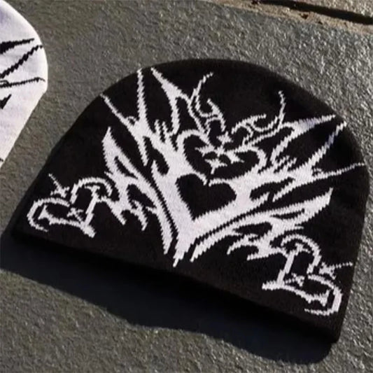 Y2K Tribal Heart Beanie | Gothic Streetwear Knit Hat