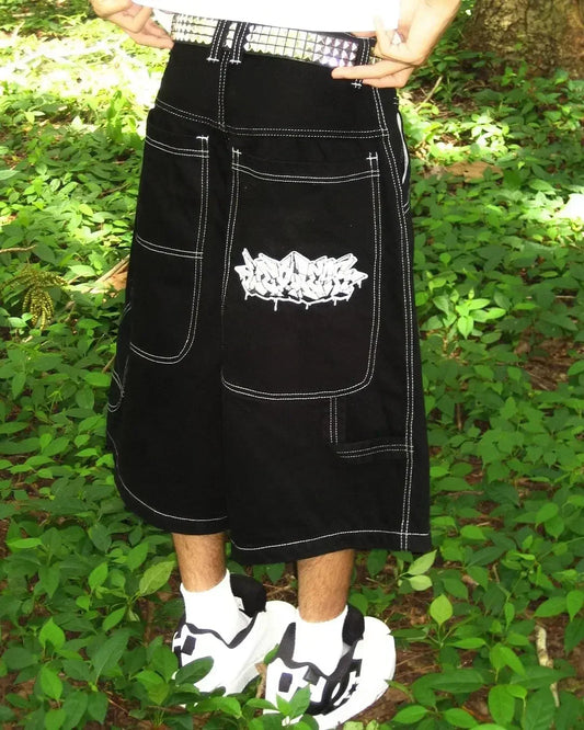 Y2K Graffiti Cargo Shorts | Baggy Streetwear Skate Shorts with Contrast Stitching