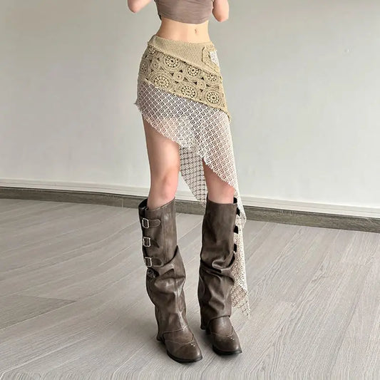 Y2K Crochet Mini Skirt | Asymmetrical Knit Beach Cover Up Skirt