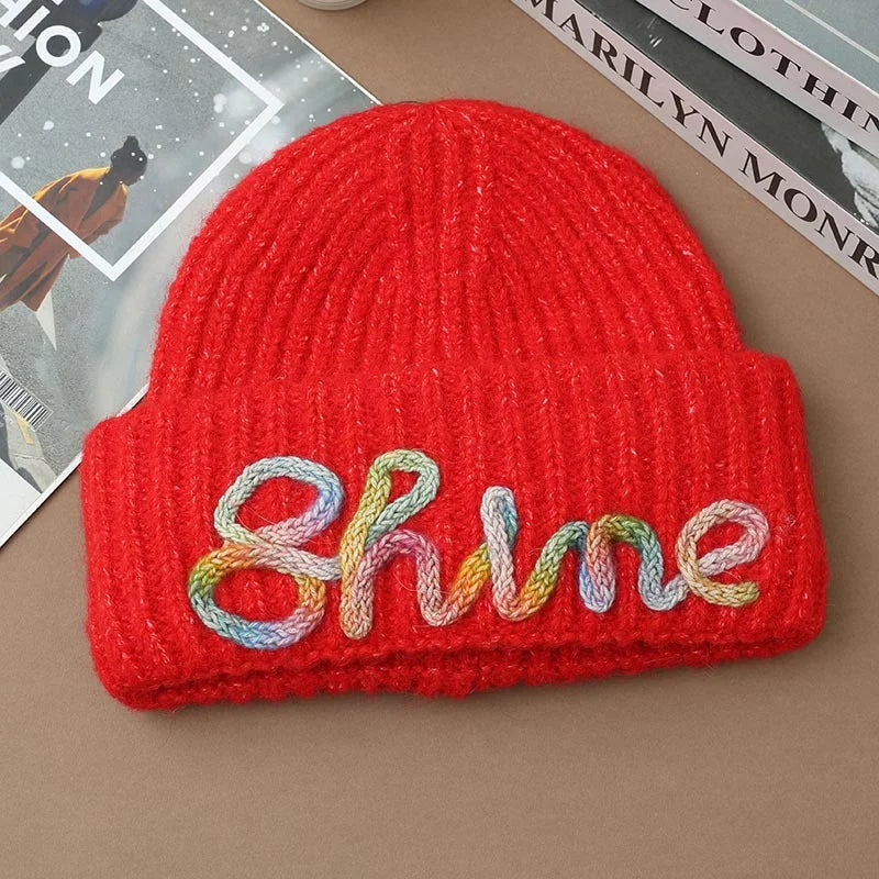 Shine Embroidered Beanie | Cozy Winter Knit Hat with Colourful Lettering