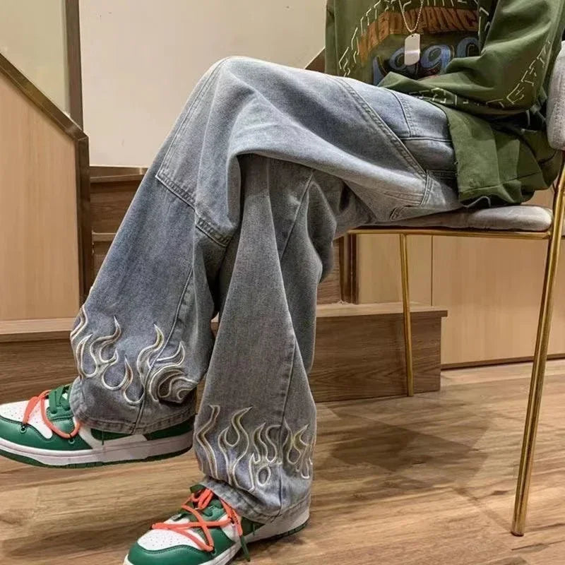 Y2K Flame Embroidered Wide Leg Denim Jeans | Loose Fit Streetwear
