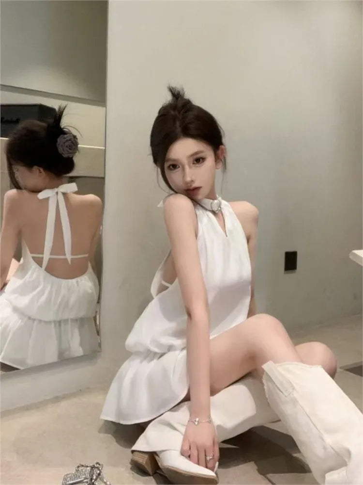 V Neck Mini Dress | Sleeveless Layered Chiffon Dress with Open Back