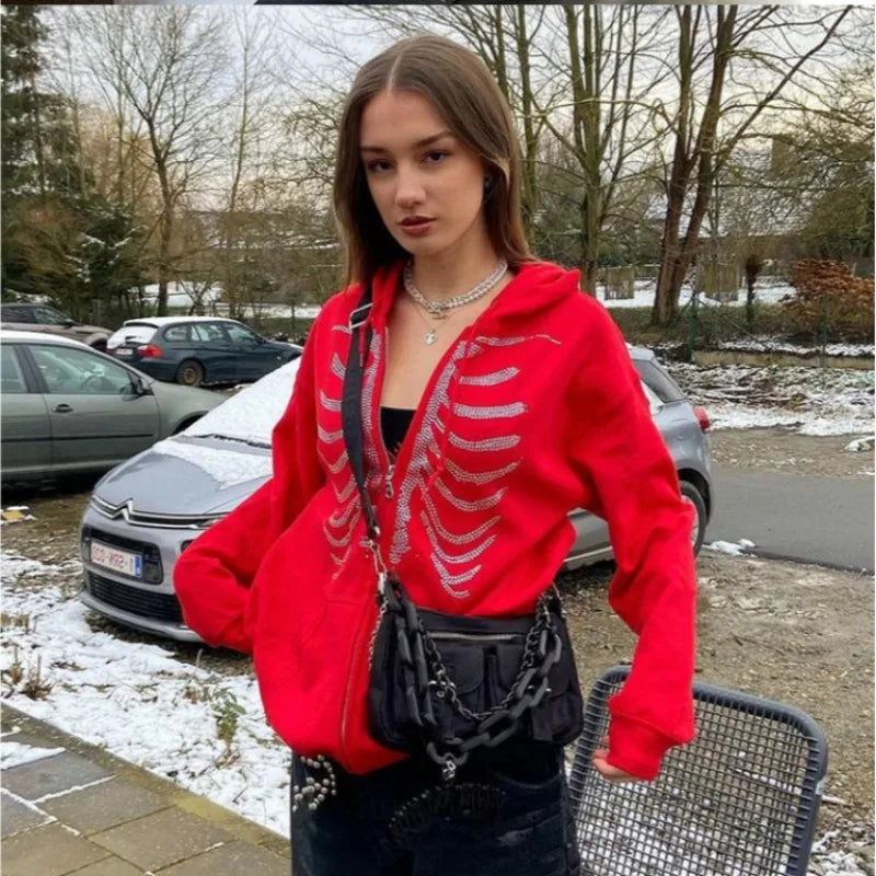 Y2K Rhinestone Skeleton Hoodie | Zip Up Hoodie with Crystal Bone Design