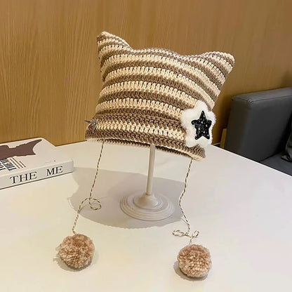 Striped Knit Beanie Hat | Y2K Star Patch Winter Hat with Pom Pom Ties