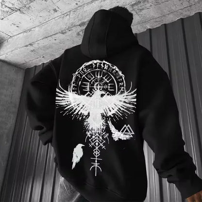 Viking Eagle Hoodie | White Oversized Hoodie with Norse Symbol and Graphic Print