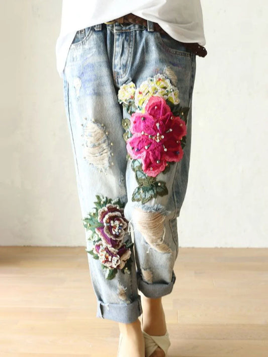 Floral Embroidered Jeans | Vintage Casual High Waisted Harem Pants