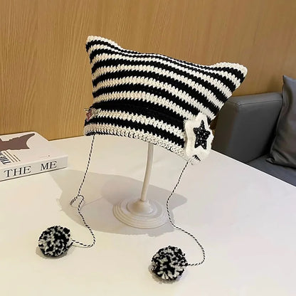 Striped Knit Beanie Hat | Y2K Star Patch Winter Hat with Pom Pom Ties