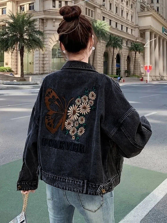 Forever Butterfly Denim Jacket | Embroidered Floral Oversized Black Jean Jacket