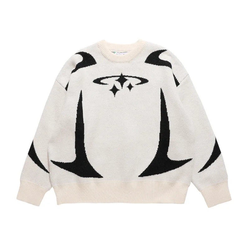 Y2K Abstract Star Pattern Sweater | Black & Gray Retro Knit Pullover