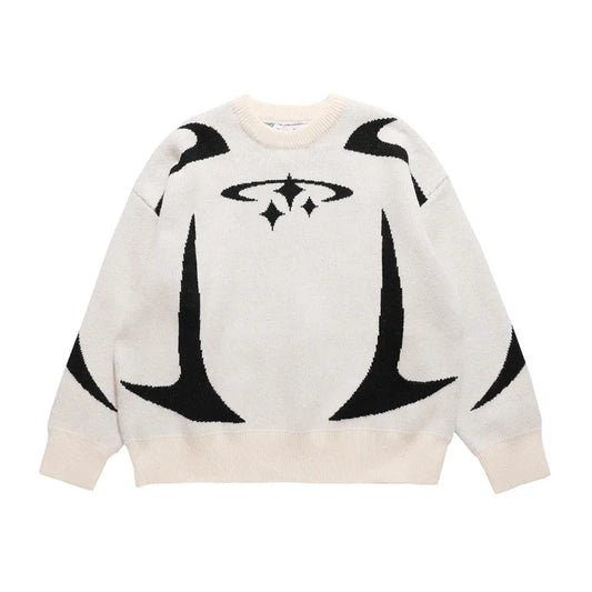 Y2K Abstract Star Pattern Sweater | Black & Gray Retro Knit Pullover