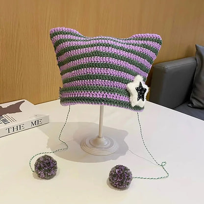 Striped Knit Beanie Hat | Y2K Star Patch Winter Hat with Pom Pom Ties