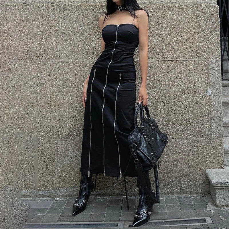 Y2K Gothic Black Midi Dress | Strapless Zipper Bodycon Dress with Side Slit