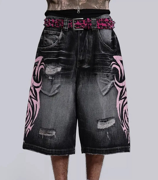 Vintage Y2K Tribal Print Denim Shorts | Distressed Black Baggy Denim with Pink Graphics