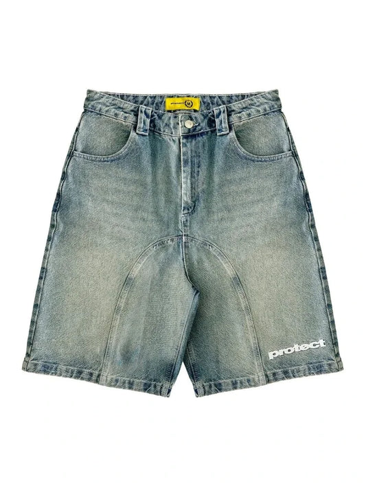 Protect Denim Shorts | Streetwear Baggy Jean Shorts with Embroidered P Detail