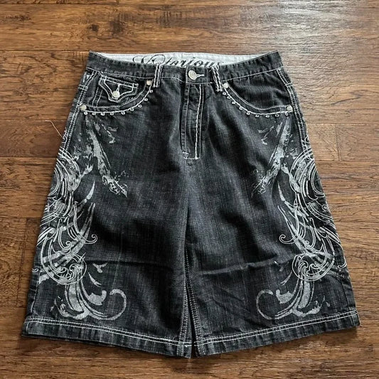 Y2K Gothic Cross Embroidered Denim Shorts | Vintage Black Streetwear Jean Shorts