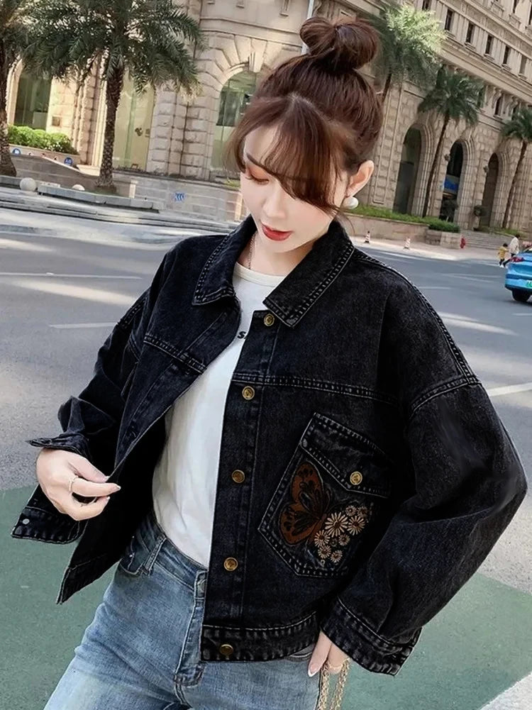 Forever Butterfly Denim Jacket | Embroidered Floral Oversized Black Jean Jacket