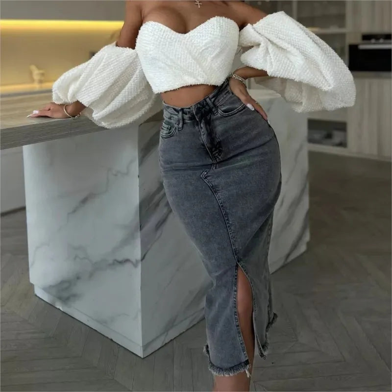 Y2K High Waist Denim Midi Skirt | Vintage Split Hem Jean Skirt