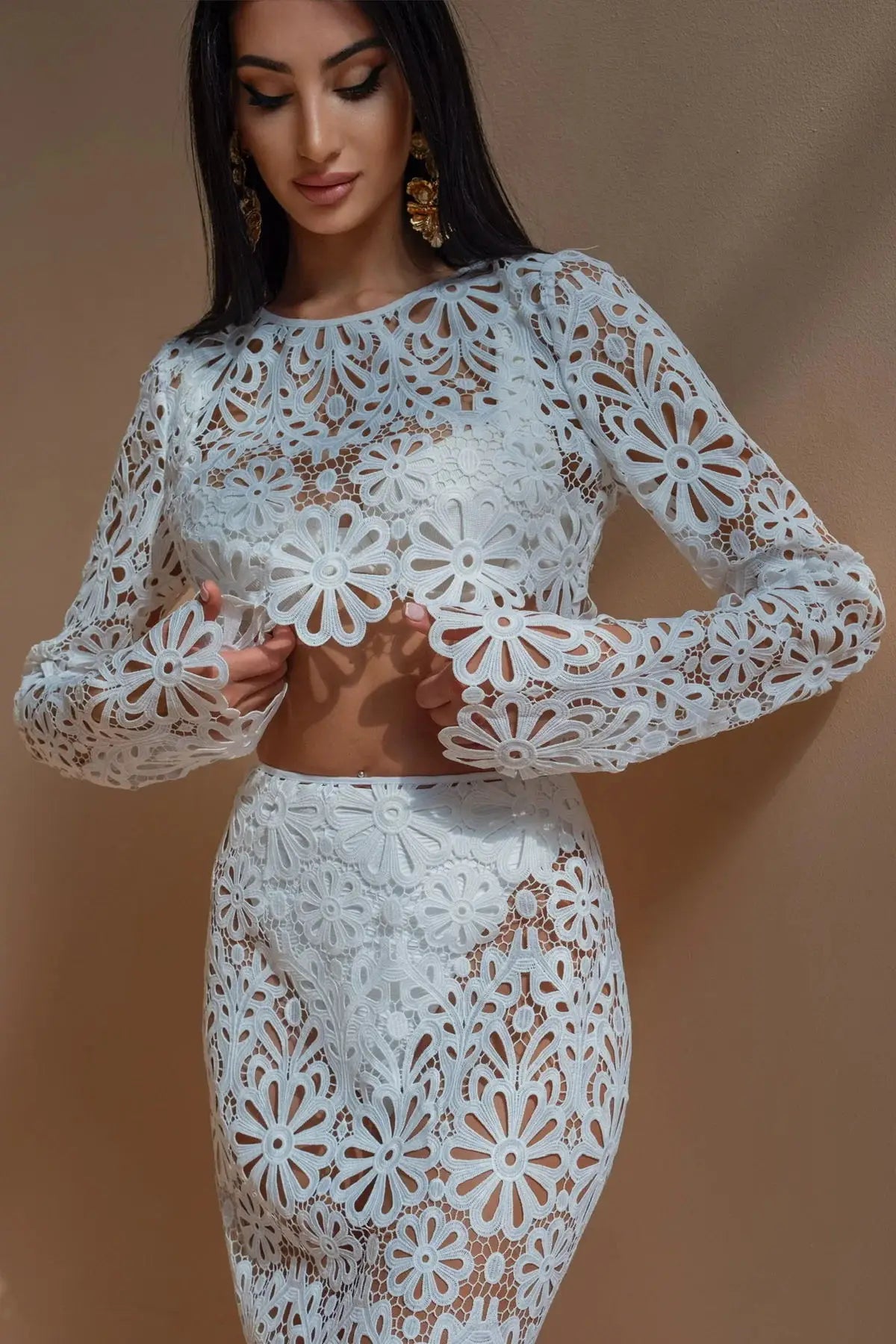 Y2K Lace 2 Piece | Sheer Crochet Long Sleeve Beach Cover Up