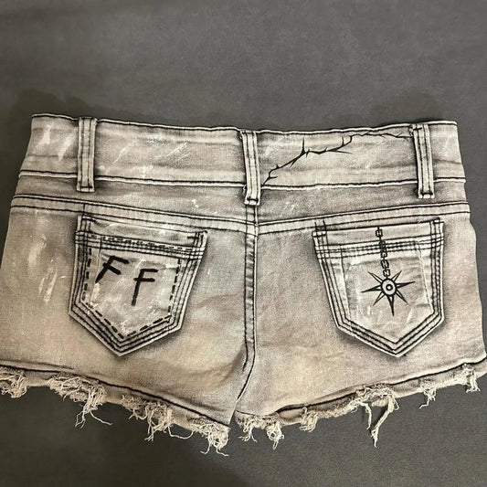 Nana Inspired Denim Shorts | Distressed Punk Rock Jean Shorts with Graphic Print