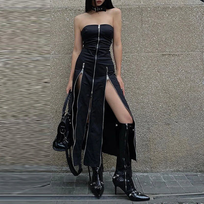 Y2K Gothic Black Midi Dress | Strapless Zipper Bodycon Dress with Side Slit