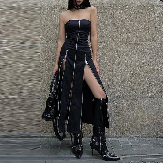 Y2K Gothic Black Midi Dress | Strapless Zipper Bodycon Dress with Side Slit