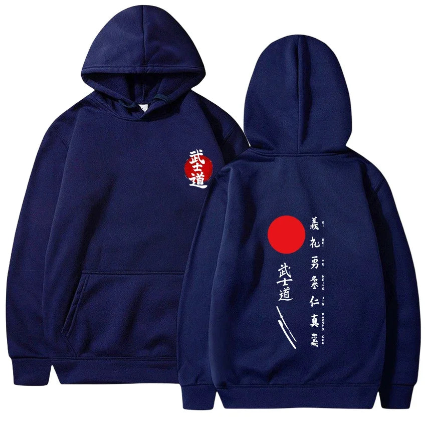 Japanese Kanji Hoodie | Red Sun and Samurai-Inspired Print