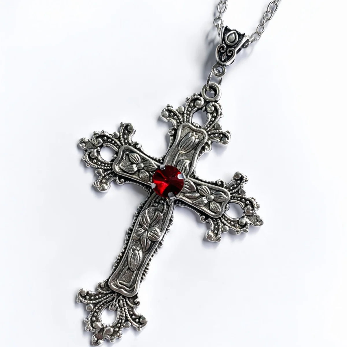 Gothic Cross Pendant Necklace | Vintage Silver Cross with Black or Red Gemstone