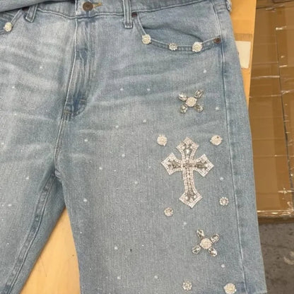 Vintage Cross Embroidered Denim Shorts | Y2K Distressed Jean Shorts
