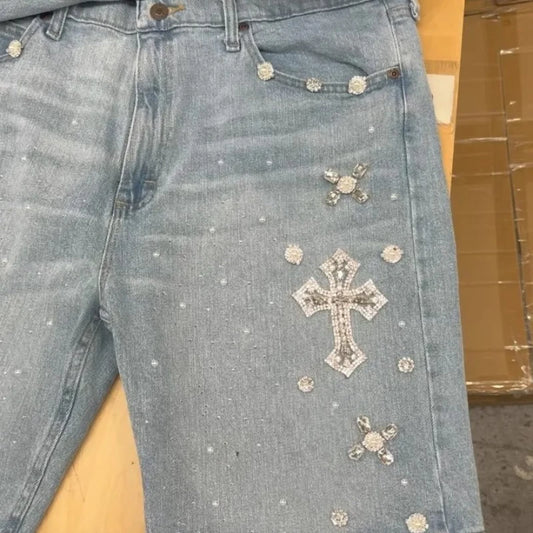 Vintage Cross Embroidered Denim Shorts | Y2K Distressed Jean Shorts