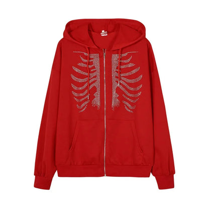 Y2K Rhinestone Skeleton Hoodie | Zip Up Hoodie with Crystal Bone Design