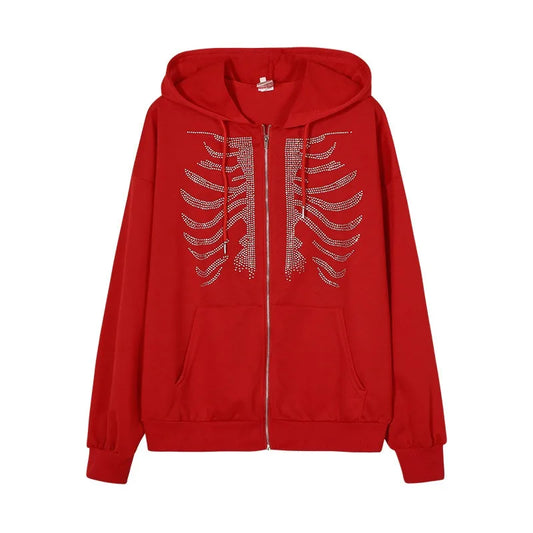 Y2K Rhinestone Skeleton Hoodie | Zip Up Hoodie with Crystal Bone Design