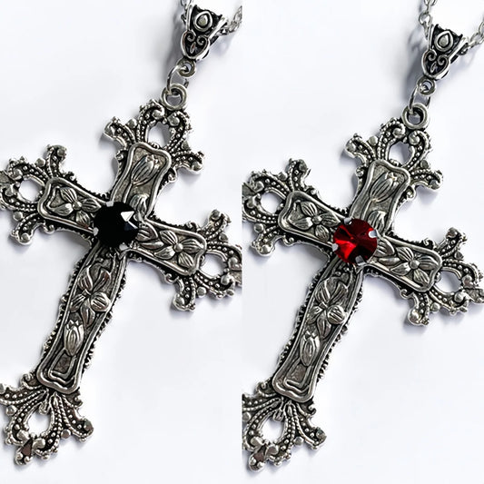 Gothic Cross Pendant Necklace | Vintage Silver Cross with Black or Red Gemstone