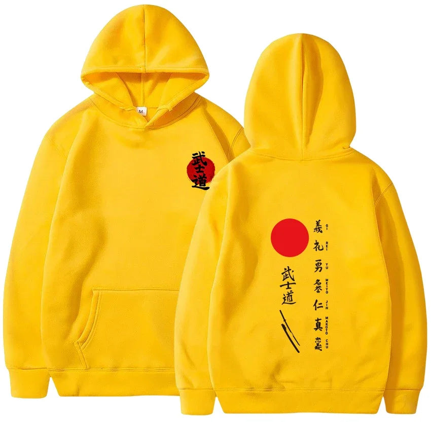Japanese Kanji Hoodie | Red Sun and Samurai-Inspired Print